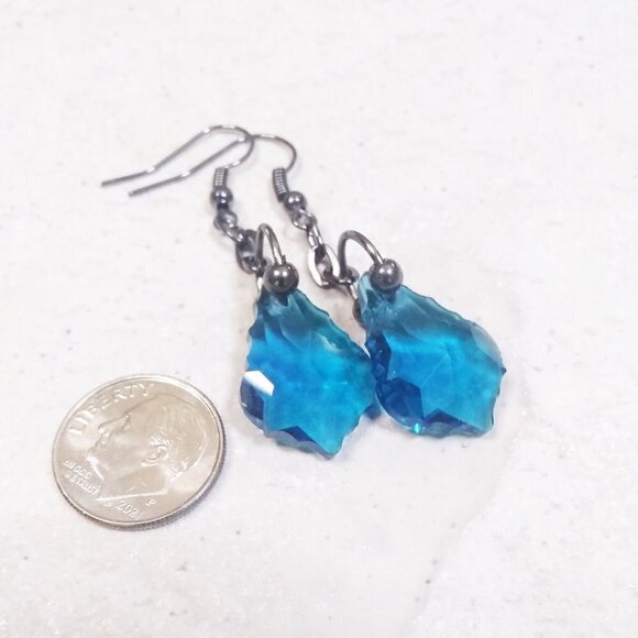 Fancy Cut Glass Drop Earrings - Blue & GunMetal Black! Edgy + Sexy Chandeliers - Picture 4 of 6